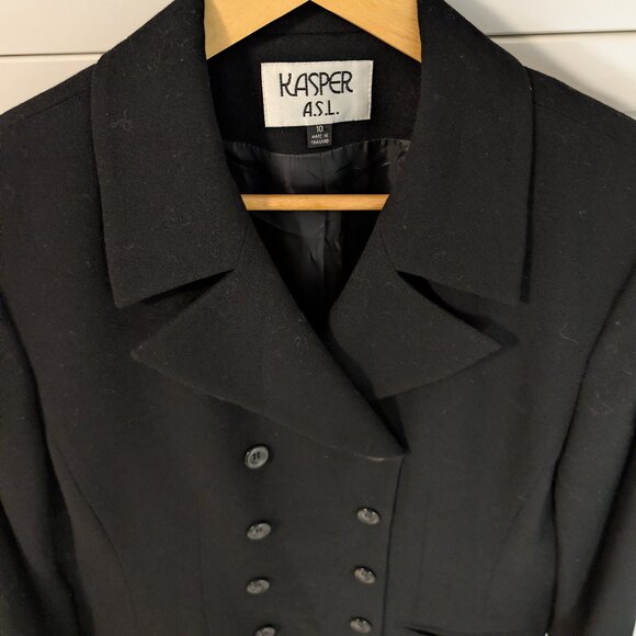 Rare Vintage Kasper Black Double-Breasted Longline Wool Crepe Blazer Size 10 - Picture 3 of 13